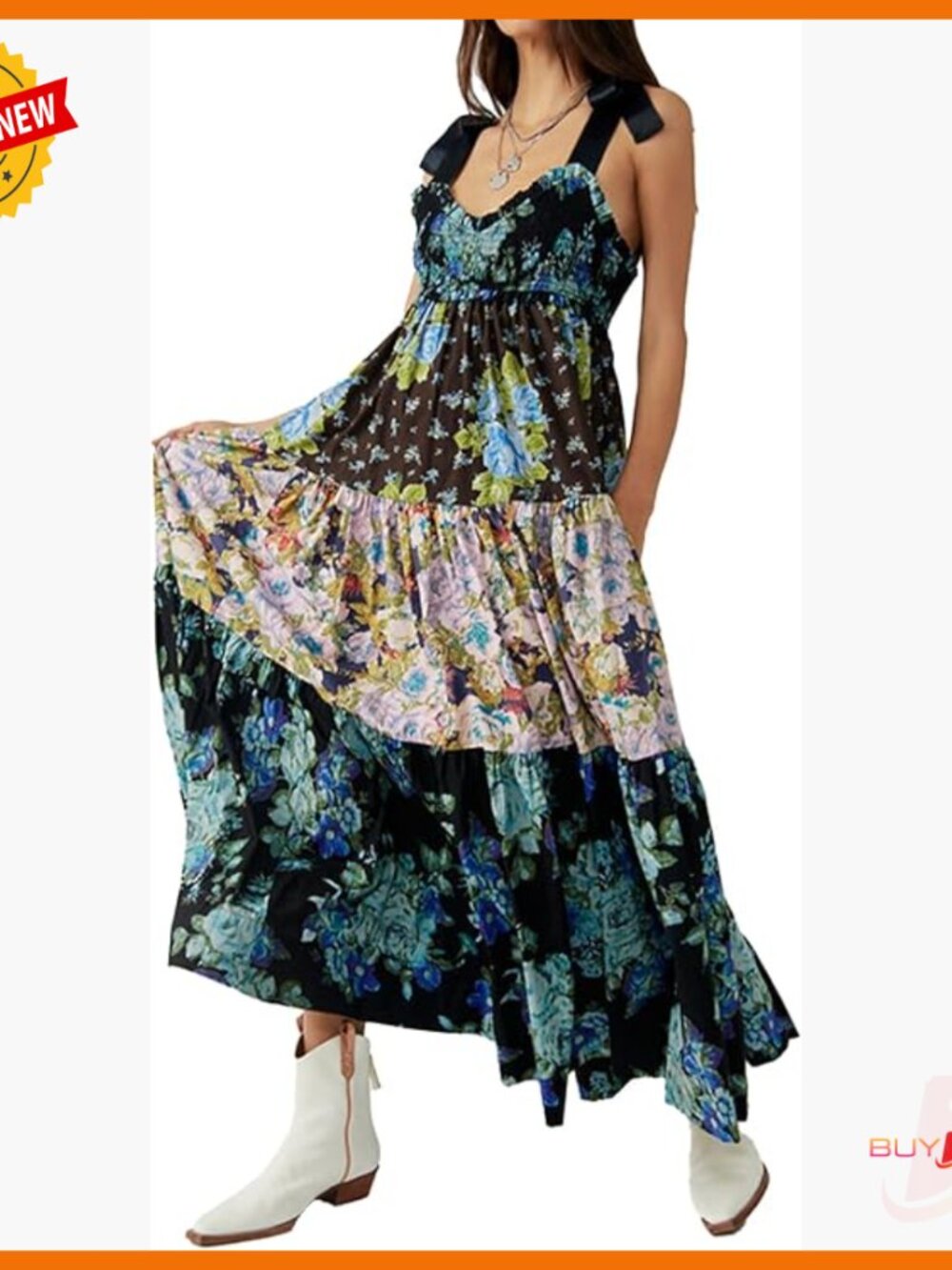 Floral Maxi Dress With Tie Shoulder Smocked Bodice Pockets Boho
